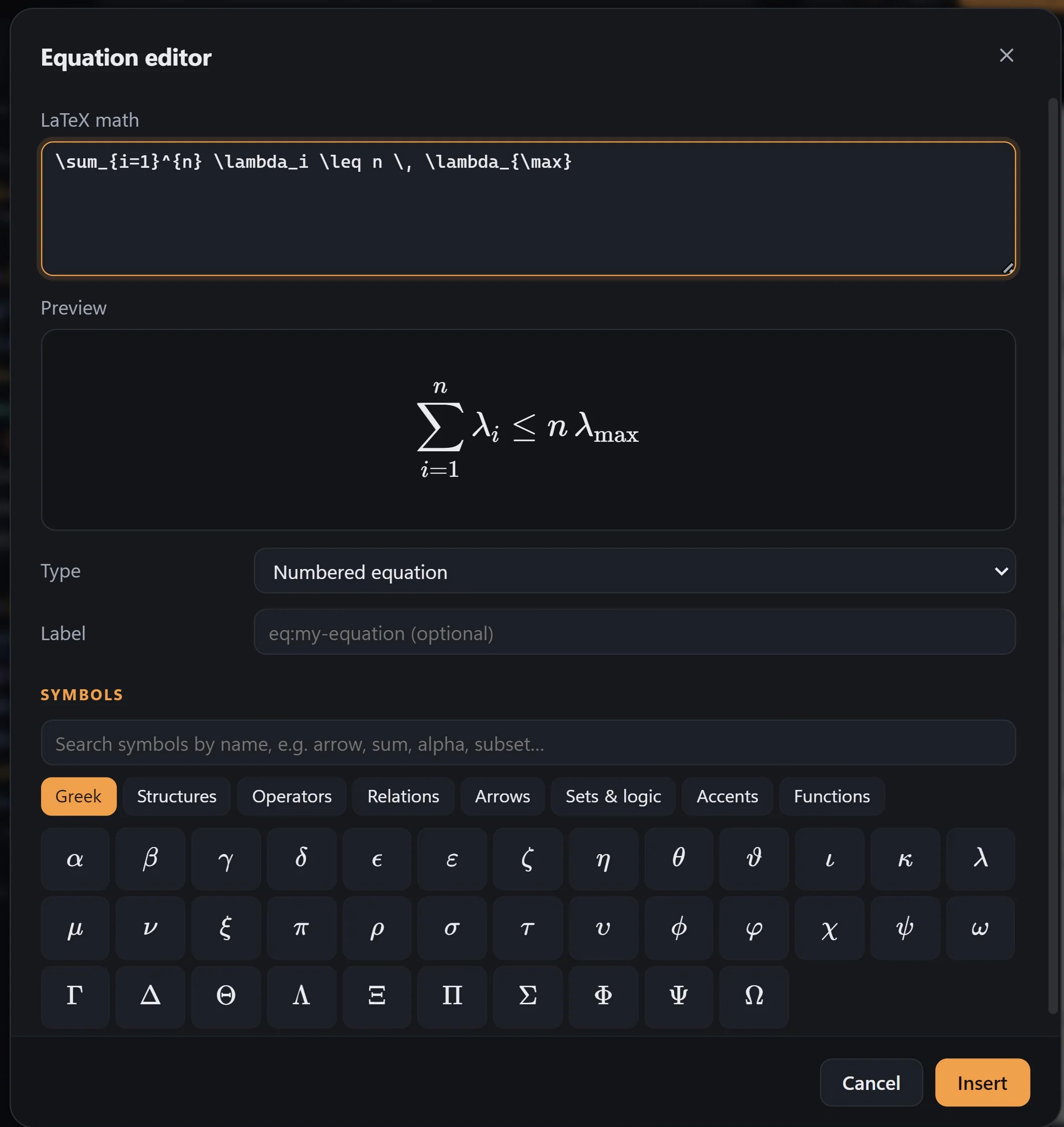 Equation editor with live preview
