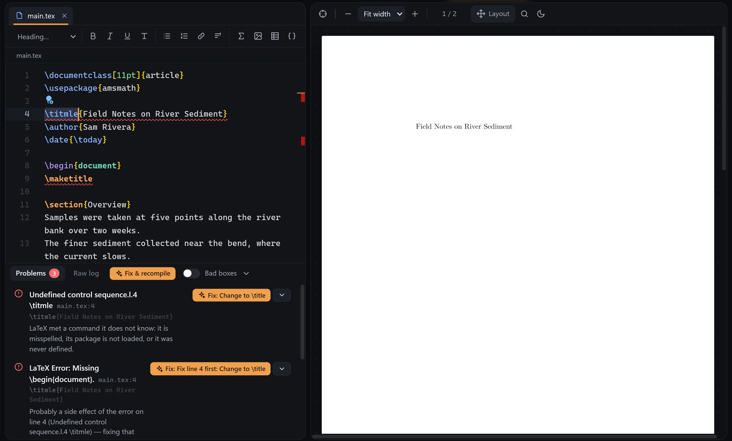 Before: an undefined control sequence with an explained one-click fix